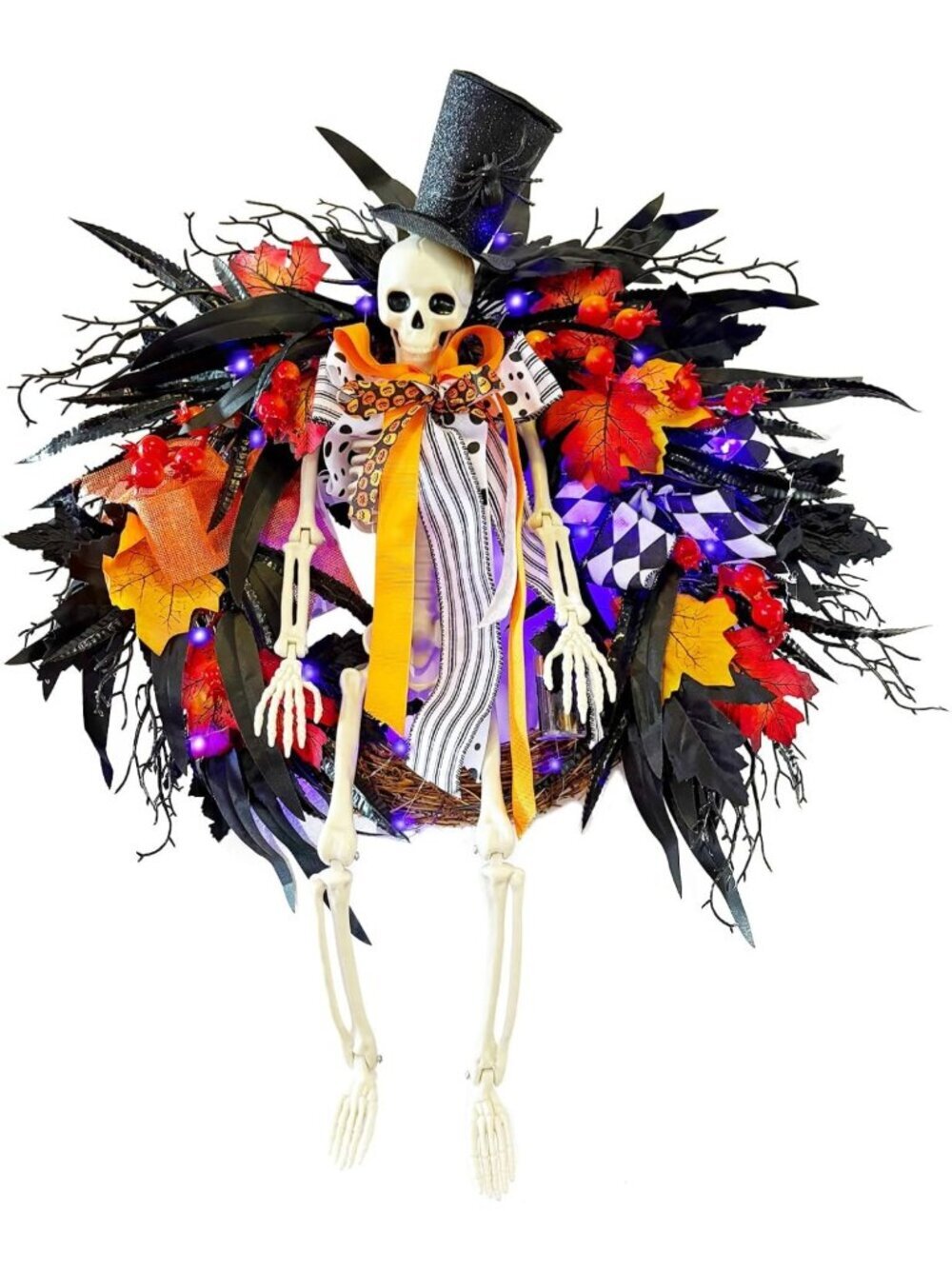 28" Halloween Skeleton Wreath with Lights for Front Door Decor, Spooky Home